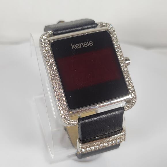 Kensie Women's Digital Watch with Crystals, Square Face, Black Leather Strap - Picture 7 of 16